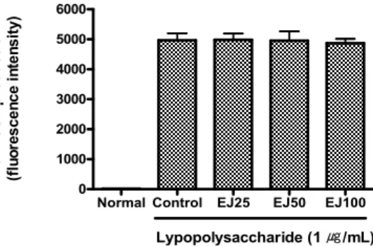 Fig. 10. Effect of EJ on production of GM-CSF in LPS-induced RAW 264.7 cells. Cells were incubated with LPS (1 ㎍/mL) and EJ (0, 25, 50, 100 ㎍/mL) for 24 h