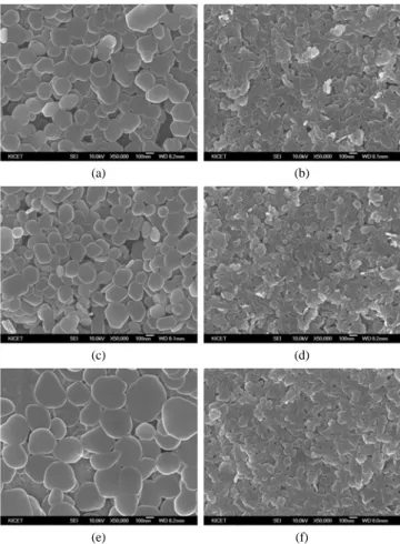 Figure 2. SEM images of Mg(OH) 2  synthesized from MgCl 2  and  NaOH : (a) PT-1, (b) HT-1, (c) PT-5, (d) HT-5, (e) PT-7, (f) HT-7