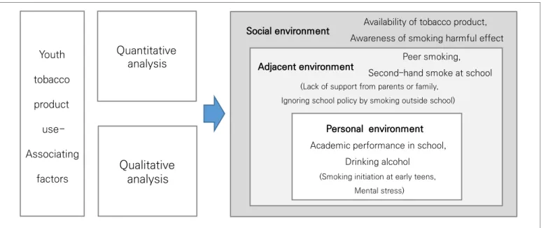 Figure 2. Factors related to youth smoking based on the analysis of the social environmental ecosystem–related variables  (the factors in parentheses we are found through qualitative analysis [focus group interview, n=35])
