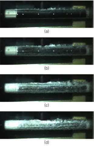 Fig. 12. Distribution  of  bubbles  around  the  body  surface  with  cylindrical  tail  and  tail  bubble  jet  flow(flow  velocity  8  m/s,  body  bubble  jet  flow  rate  (a)  50  L/min,  (b)  100  L/min,  (c)  200  L/min,  (d)  300  L/min)     반면,  유속을