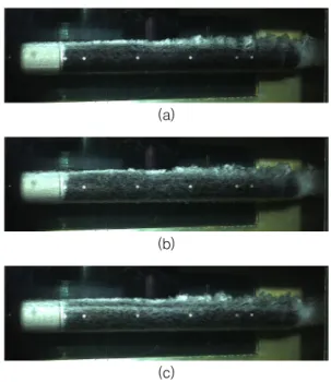 Fig. 15. Distribution  of  bubbles  around  body  surface  with  a  round  tail  at  injection  flow  rate  100  L/min(flow  velocity  (a)  6  m/s,  (b)  7  m/s,  (c)  8  m/s) 분사유량에  따른  실험  관측  결과로,  전체적으로  실린 더형  후부  형상에  대한  관측  결과와  유사하나 ,  선미부 에서  몸체를