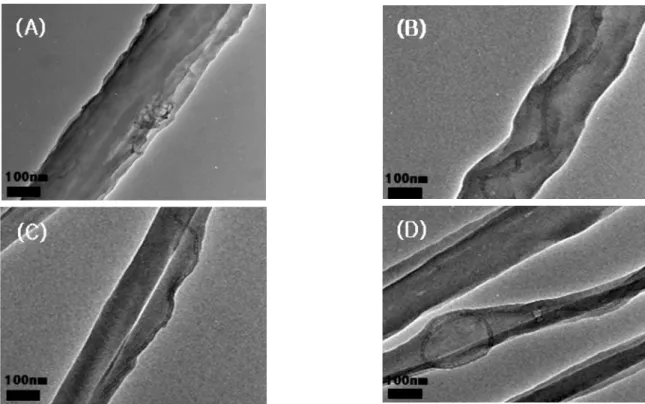 Figure 9. TEM images of electrospun PC/mMWNT nonwovens as a function of the different amounts of the mMWNT