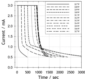 Figure 2. Time elapsing profiles of stray currents of full cell after ap- ap-plying constant current during electrochemical activation.