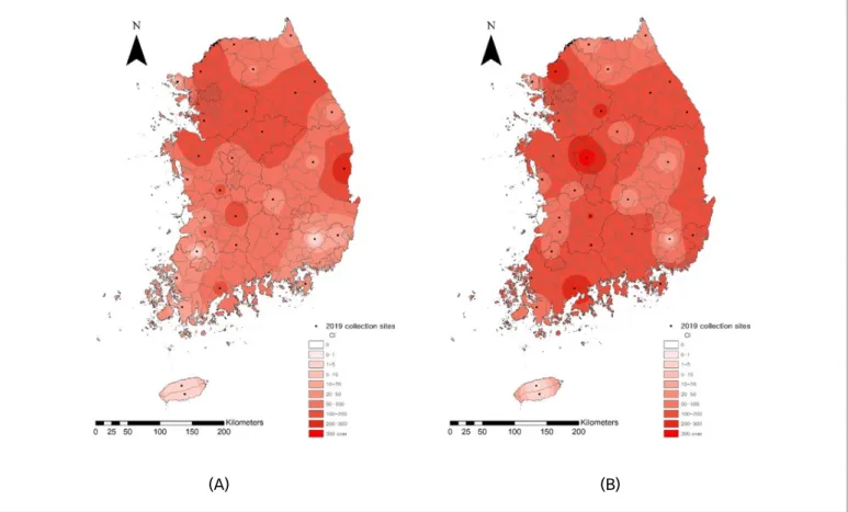 Figure 2. Seasonal density distribution of chigger mites, 2019 (A: Spring, B: Autumn)