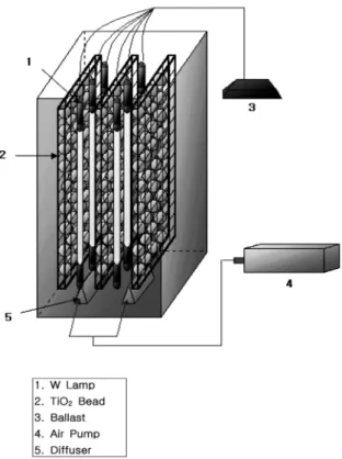 Figure 1. Schematic diagram of apparatus for the treatment of  wastewater. 축산폐수를 효과적으로 처리할 수 있는 광촉매 원료인 이산화티탄 졸 을 반응온도,  반응시간, R비,  첨가물의 몰비 등을 변화하여 제조하였 고,  다양한  담체에  박막으로  고정화시킨  광촉매  박막을  제조하여  그  특성을  조사함과  더불어  상기  폐수의  적절한  처리를  위한  운전조건  등의  평가를  통해 