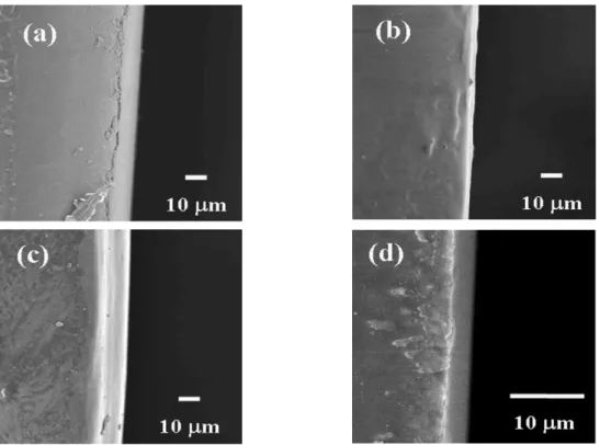 Figure 5. SEM images of cross-sectional coating layers by spin coating method: (a) UV, (b) thermally, (c) dually cured filmon PC and  (d) dually cured film on glass substrate.