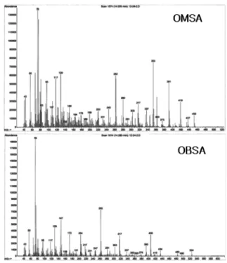 Figure  3.  Mass  spectra  of  OMSA  and  OBSA  by  GC/MSD.