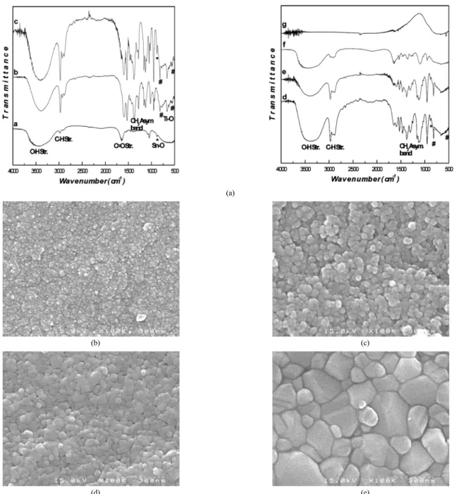 Figure 1. (a) FT-IR spectra of solutions and powder. (b)∼(e) FE-SEM micrographs of the powder obtained from heat-treatment at 450, 700, 900 and 1100 ℃, respectively.
