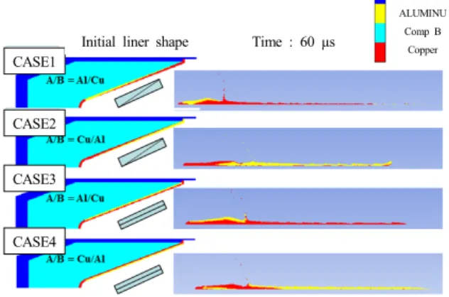 Fig.  3.  Typical  jet  and  slug  formation  patterns  for  four  different  cases  at  60μs [5]