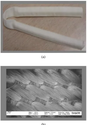 Figure 2. The support layer of dynamic membrane; (a) textile  supporter (b) FE-SEM image of textile support.