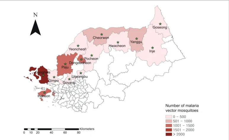 Figure 2. Cumulative distribution of collected malaria vector mosquitoes by administrative district, 2018