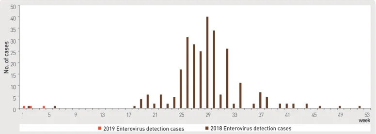 Figure 7. Detection cases of enterovirus in aseptic meningitis patients from 2018 to 201902040608015913172125293337 41 45 49 53No
