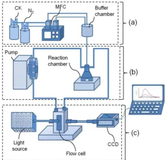 Fig. 1. Experimental  apparatus  schematic  setup  with  (a) CK  agent injection  part, (b)  reaction  solution  circulation  part,  (c)  detection  part