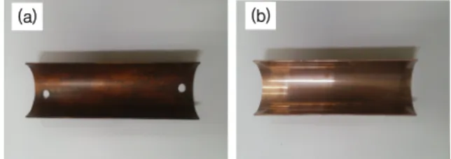Fig.  1.  test  group  (a)  and  control  group  (b)  of  CuNi  90/10  (C6070)  alloy     화학  성분  분석은  구리  제품  및  구리합금  분석방법  총칙(KS D 1651 : 2008)과  글로우  방전  분광  분석기를  이용한  화학  성분  분석법 (ISO 11505 : 2012)에  따라  이 루어졌다 