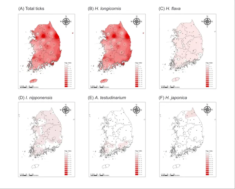 Figure 2. Geographical distribution map of total and five dominant species of ticks in 2018