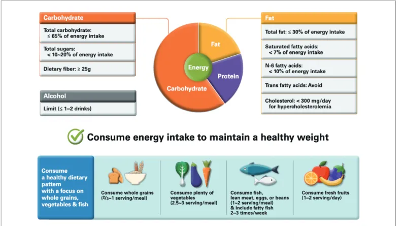 Figure 3. Dietary recommendation 지질농도를  대폭  개선하지는  못한다  해도  심혈관계질환  위험도  개선에는 중요하다. 약물 치료[4] 콜레스테롤의 대부분(약 80%까지)은 간에서 합성하기 때문에  생활습관 개선만으로 효과가 충분하지 않을 경우에는 약물 치료를  병행해야 한다