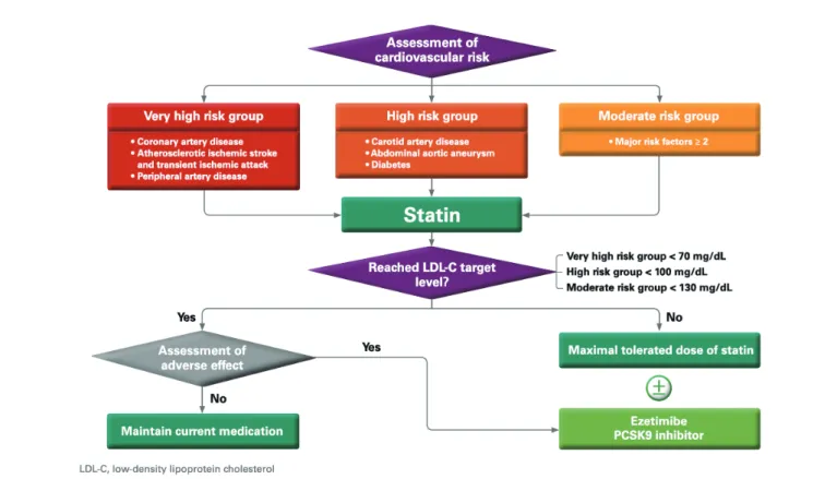 Figure 4. Evidence-guided approach algorithm of dyslipidemia treatment  이보다 낮고 저밀도지단백이 높을 때는 LDL-콜레스테롤을 낮추는  것이  치료의  일차적인  목표이다