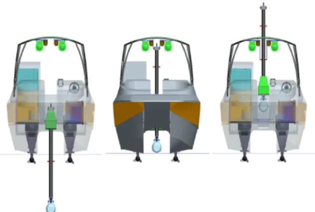 Fig.  4.  The  strut  type  of  underwater  sonar  equipment     수중장착체는  수압,  수밀  등  기본적인  설계요소  뿐 만  아니라  내부에서  발생하는  고온의  열을  효과적으로  전도시킬  수  있는  재질을  고려하여  설계하였으며,  부 가적으로  방열패드와  쿨러  등을  별도로  장착하여  내부 의  열을  효과적으로  낮추도록  설계하였다 
