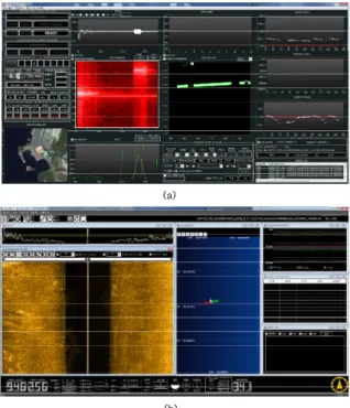 Fig.  8.  Windows  of  remote  control  device:  (a)  forward  detecting  sonar  and  (b)  downward  detecting  sonar 3.2  소나시스템  운용  모드     개발된  소나시스템을  무인수상정의  용도에  맞게  운 용하기  위하여  세부  운용  모드를  전원제어  모드 ,  자체 진단  모드 , Pre-Enable 모드,  데이터  취득  모드,  초기화  모