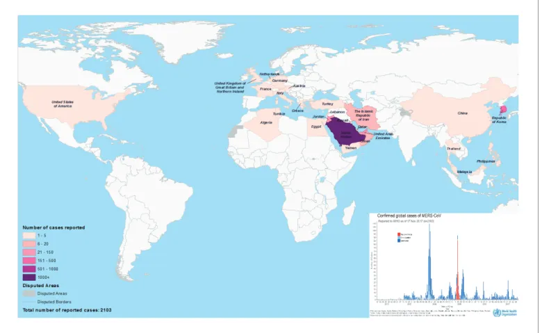 Figure 1. Global map of countries with confirmed cases of MERS-CoV from 2012 to 2018 (WHO, updated on 20 April 2018)[1]