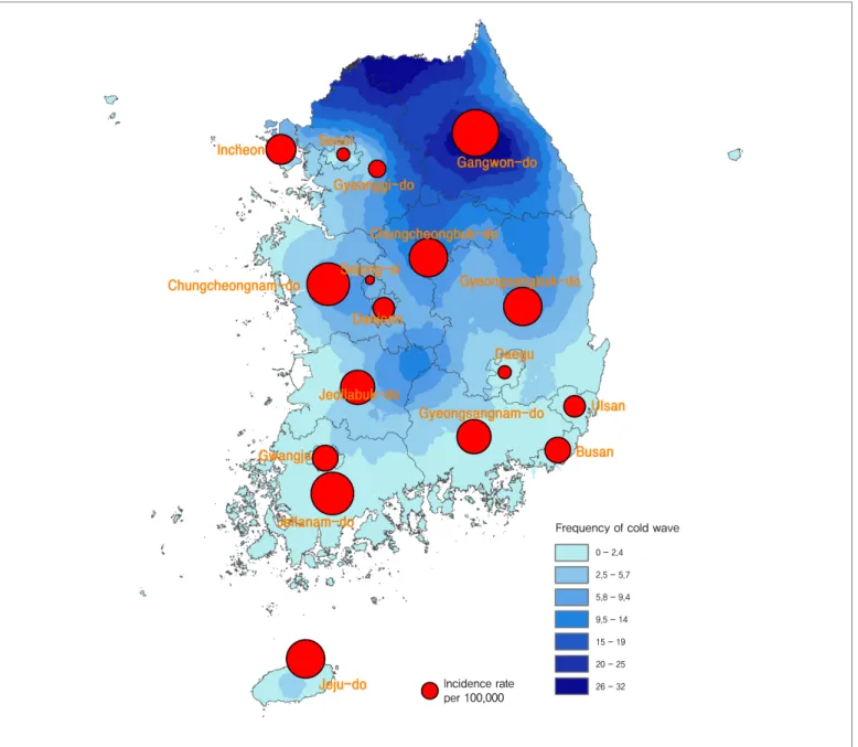 Figure 2. GIS-based map of the estimated incidence rates of cold related-illness and cold wave frequency