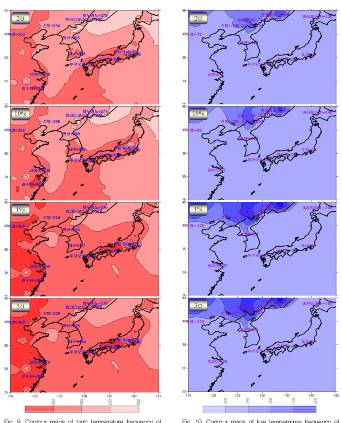 Fig.  9.  Contour  maps  of  high  temperature  frequency  of  occurrence  [0.1℃]