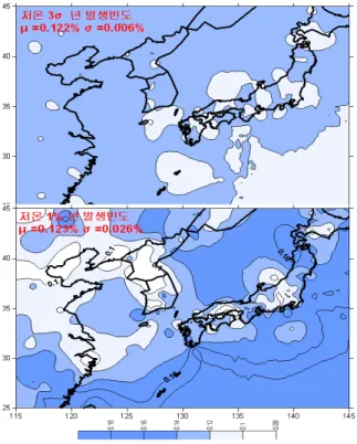 Fig.  13.  Contour  map  of  frequency  of  yearly  occurrence  of  low  temperature  3σ/1% 6