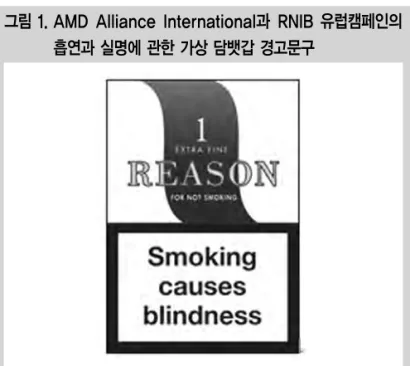 그림 1. AMD Alliance International과 RNIB 유럽캠페인의 흡연과 실명에 관한 가상 담뱃갑 경고문구
