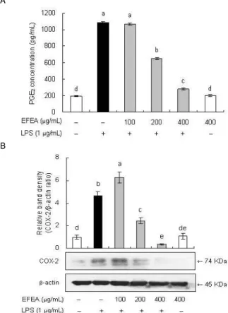Fig. 4. Effect of EFEA on LPS-induced prostaglandin E2 (PGE2) production and cyclooxygenase-2 (COX-2) expression in RAW 264.7 cells