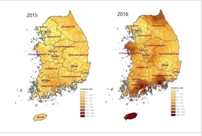 Figure 2. Comparison of incidence rates of heat-related illness by region between 2015 and 2016