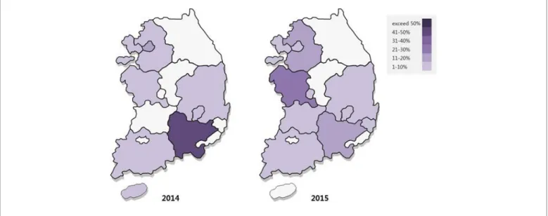 Figure 5.   Regional distribution of S. Typhi isolated from human in 2014 and 2015. The isolates ratio was shown by  graphical density in the map