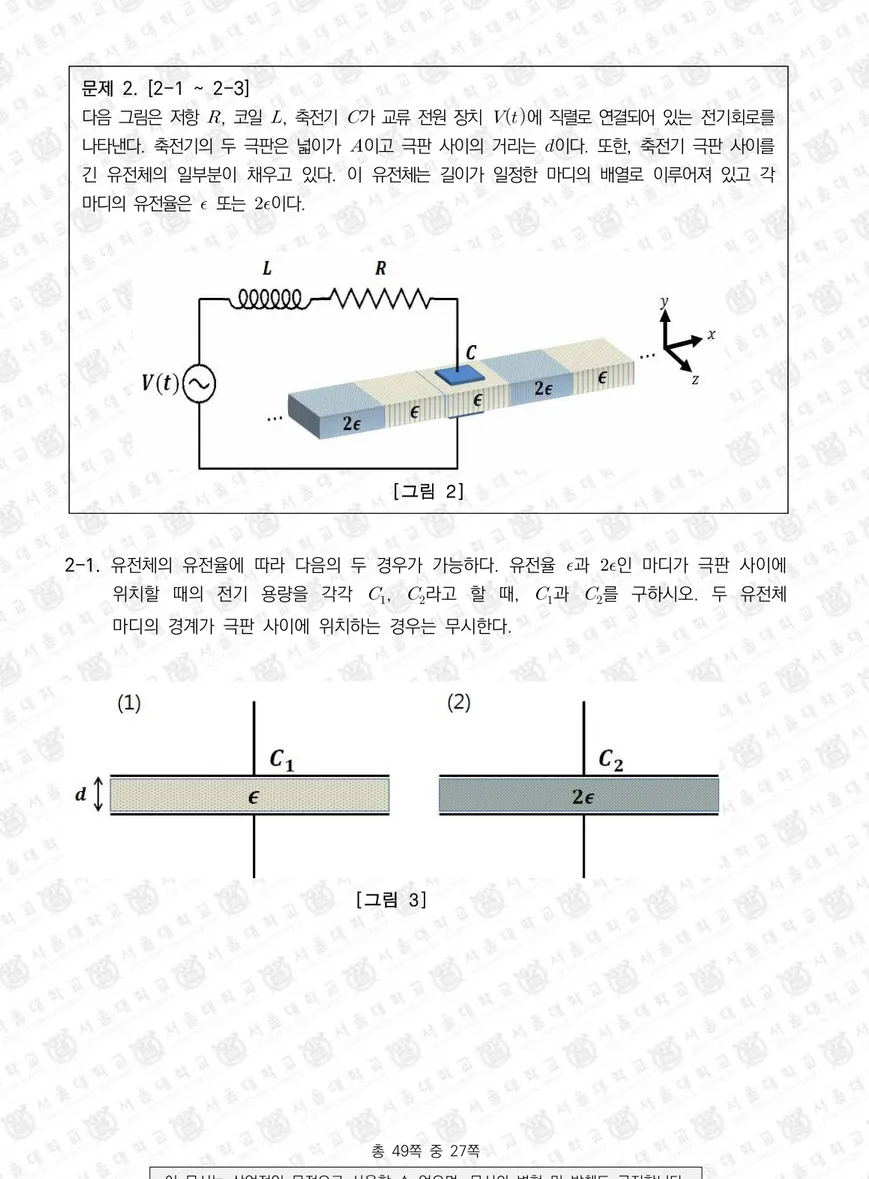 [그림  3] 문제  2.  [2-1  ~  2-3]다음  그림은  저항 ,  코일 ,  축전기  가  교류  전원  장치   에  직렬로  연결되어  있는  전기회로를 나타낸다