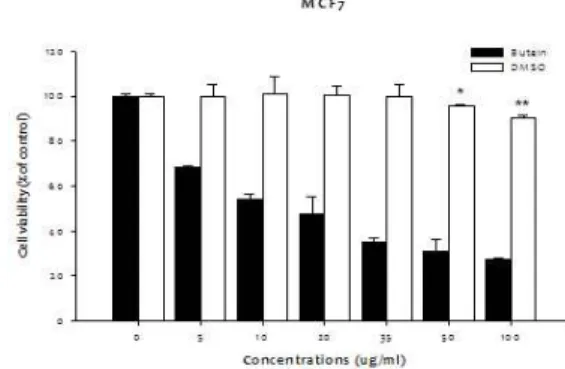 Fig. 2. Effects of butein on cell viability in MCF-7 cells. Cell growth inhibition of MCF-7 cells by butein