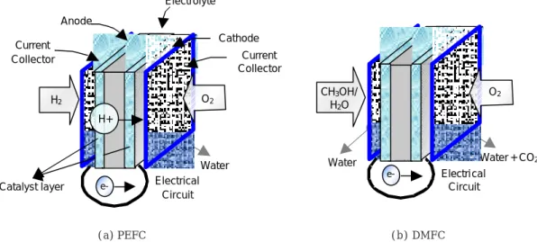 그림 1. Schematic presentation of the reactions in (a) PEFC and (b) DMFC.