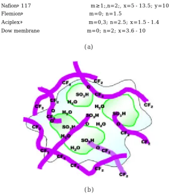 그림 2.  Chemical structure of perfluorinated polymers and ionic cluster structure of Nafion.