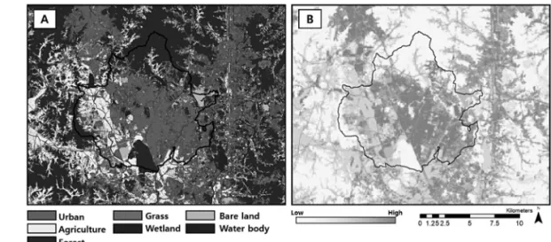 Figure 3.  Land cover of analysis extent (A) and resistance value (B): resistance values according to land cover were resampled into format of 100m grid considering the proportion of land cover within individual grid