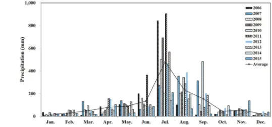 Figure 3.  Monthly precipitation by Thiessen weight method on the watershed