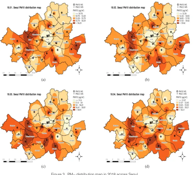 Figure 3.  PM 10 distribution map in 2018 across Seoul.