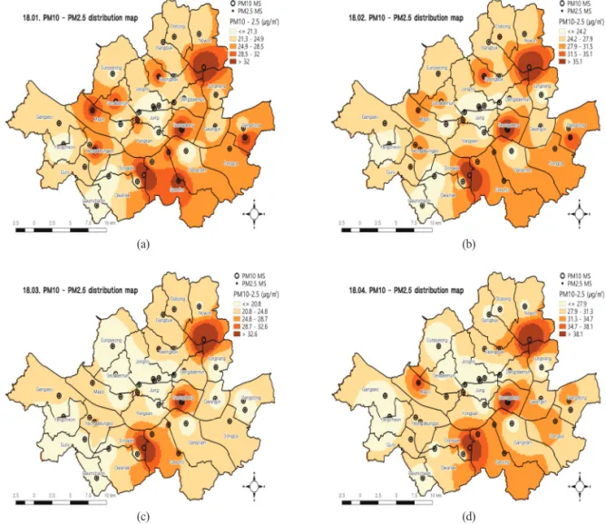 Figure 6.  PM 10 - PM 2.5 distribution map in 2018 across Seoul.