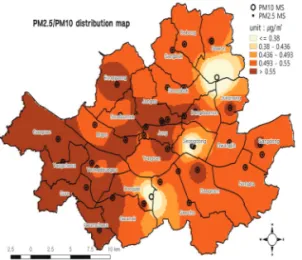 Figure 7.  PM 10 -PM 2.5 /PM 10 distribution map. Figure 8.  PM 2.5 /PM 10 distribution map.
