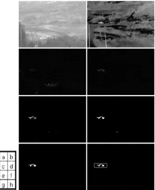 Fig.  5.  (a)  CCD  영상(gray  image)  (b)  IR  영상  (c)  CCD  차영상  (d)  IR  차영상  (e)      영상  (f)      영상  (g)      영상  (h)  ROI가  설정된  영상 Fig