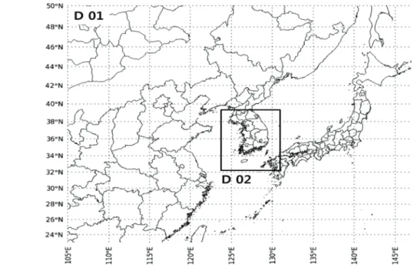 Figure 1.  Spatial coverage of the domains of East-Asia (D01) and the Korean Peninsula (D02) used for CMAQ.