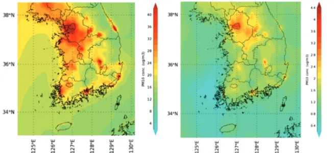 Figure 4.  Spatial distribution of averaged PM 10 concentrations(left) and standard deviations(right) from 2010 to 2014.