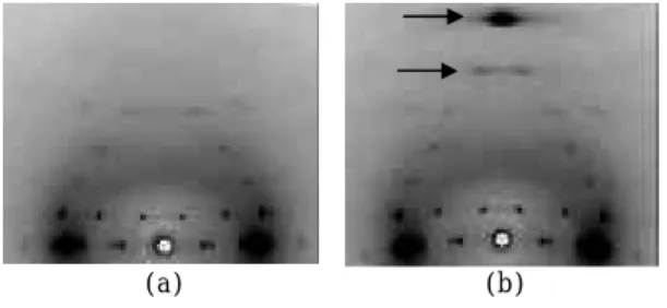 그림 1.  X-ray  fiber  patterns  of  poly(bromo,  phenyl  phenylene terephthalate) with (a) X-ray beam  per-pendicular to the fiber axis and (b) the fiber tilted by  21 degree from the direction perpendicular to X-ray  beam; The arrows are explained in the t