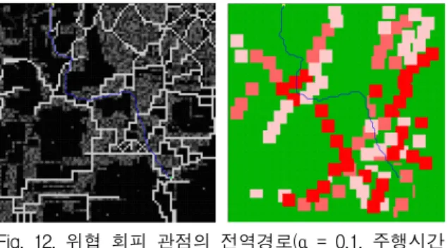 Fig.  12.  위협  회피  관점의  전역경로(α  =  0.1,  주행시간  =  1,743sec)     전역경로  생성에  소요되는  계산시간은  대상  지역의  크기가  클수록,  격자지도의  격자크기가  작을수록  그리 고  고려되는  격자지도의  수가  많아질수록  증가한다