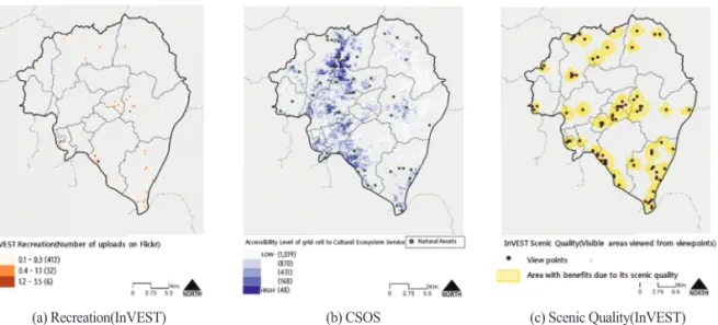 Figure 6.  Different ways of assessing cultural ecosystem services using InVEST models(Recreation and Scenic Quality) and CSOS