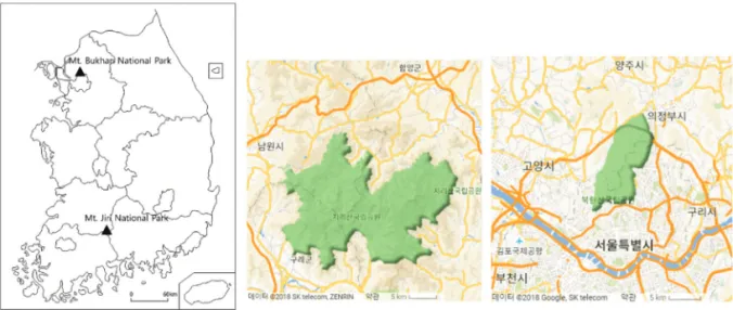 Figure 1.  Location of Mt. Jiri and Mt. Bukhan national parks (Source: Google maps).