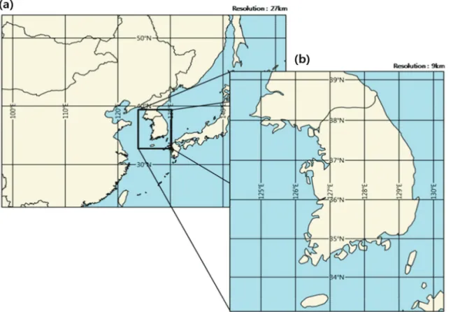 Figure 1.  Spatial coverage of the domains of (a) East-Asia and (b) the Korean Peninsula used for air quality modeling.