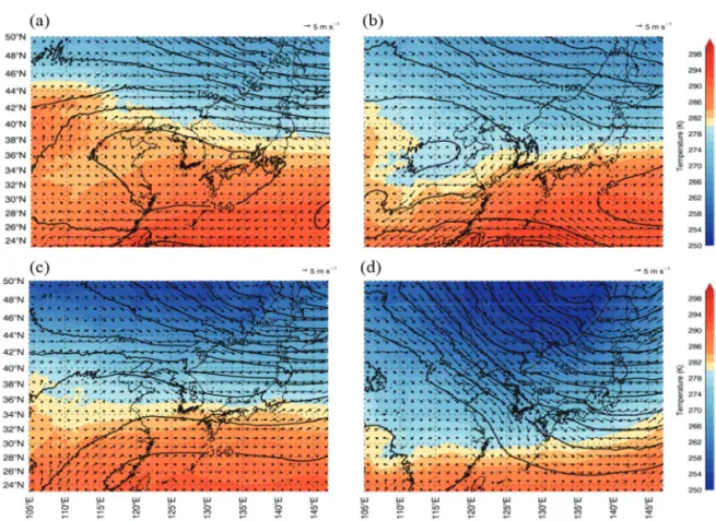 Figure 3.  Characteristics of the meteorological variables such as temperature, geopotential height and wind field for the 850 hPa pressure level in 2016 and 2017 (a: 2016-CASE1, b: 2017-CASE1, c: 2016-CASE2, d: 2017-CASE2).