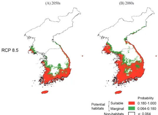 Figure 5.  Distribution of potential habitats of E. japcconica for probabilities under the 17 GCMs (General Circulation Models) for 2050s and 2080.